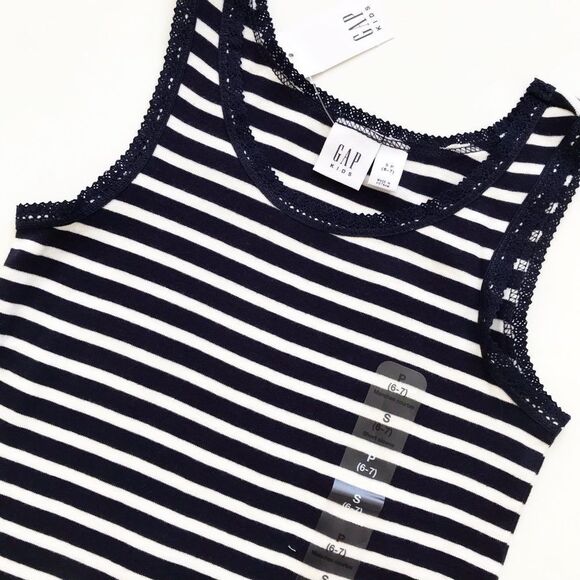 Gapkids NWT navy/white stripe lace hem tank S/6-7Y - Picture 2 of 4
